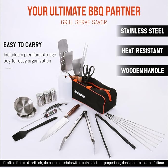 BBQ Accessories 24 in 1. Outdoor Grill Tools with Fork, Tong, Skewers, Digital Meat Thermometer - No Battery Included. Complete Grilling Tools kit with Portable Bag