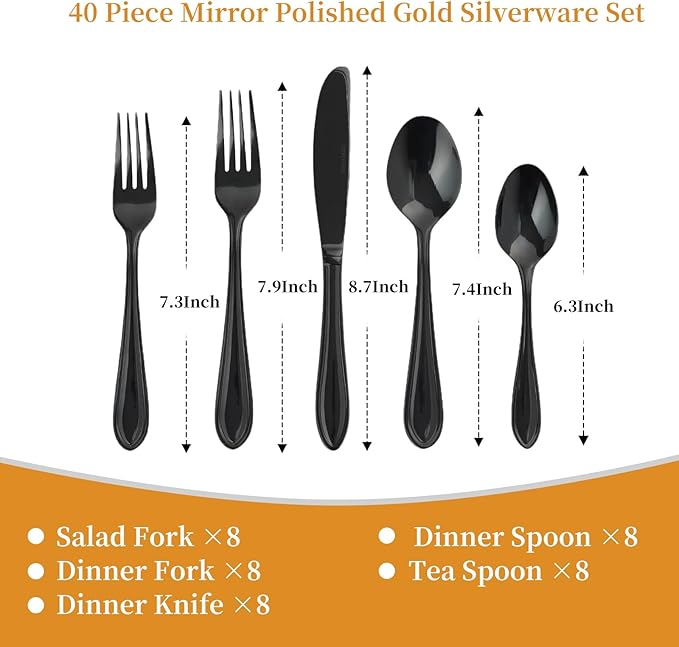 Black Silverware Set, 40-Piece Stainless Steel Flatware for 8, Heavy-Duty 18/0 Stainless Steel Utensils,Mirror Polished Dishwasher Safe for Home & Kitchen Dining