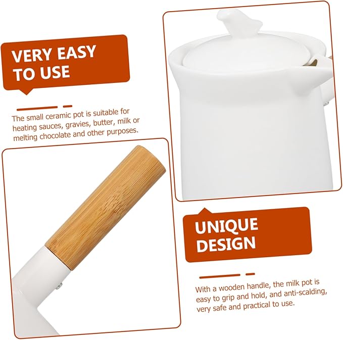 Ceramic Milk Pot with Wooden Handle 350Ml Mini Butter Warmer for Sauces Cream and Milk Ideal for Home Use