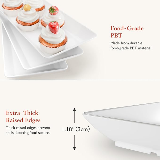 3 Tier Plastic Serving Tray for Party, 11.5" x 5.6" Platters for Serving Food, Microwave-Safe, White Reusable Trays with Black Metal Display Stand for Cupcakes, Dessert, Fruit, Cookie, Gold