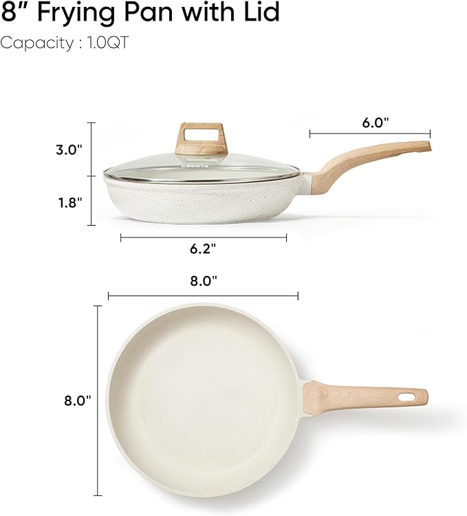 CAROTE 8 Inch Non Stick Frying Pan with Lid,White Granite Nonstick Skillet Omelet Pans, Egg Pan Granite Cookware, PFOS & PFOA Free