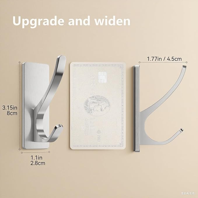 Self Adhesive Coat Hooks for Hanging: Heavy Duty Stainless Wall Hook for Towel, Backpack, Hat, Sturdy Metal Hanger for Bathroom, Bedroom, Door, Brushed Nickel, 6-Pack