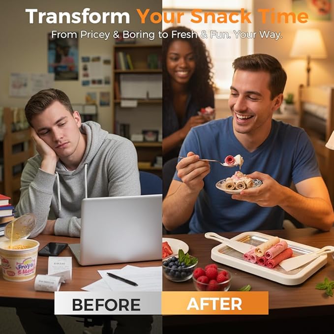 Rolled Ice Cream Maker Kit, At-Home Rolled Ice Cream Machine with Instant Freeze Tray & 2 Scrapers, DIY Rolled Ice Cream Tray for Kids & Adults, Stainless Steel Frozen Dessert Maker (White)