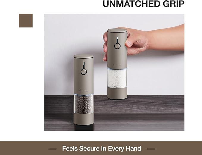 Stainless Steel Rechargeable Electric Salt and Pepper Grinder Set, USB Charging with Dust Cover, 6 Adjustable Grinding Modes + LED Light 2packBrown