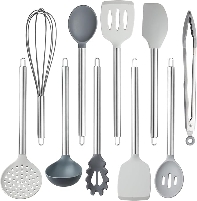 COOK WITH COLOR Silicone Cooking Utensils, Kitchen Utensil Set, Easy to Clean Silicone Kitchen Utensils, Cooking Utensils for Nonstick Cookware, Kitchen Gadgets Set, 10 Pieces, Grey Ombre