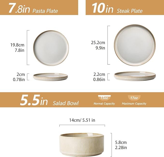 Stoneware Dinnerware Sets, Plates and Bowls Set for 4, 12-Piece Ribbed Dishes – Chip & Scratch Resistant, Microwave and Dishwasher Safe Tableware, Cream Off-White