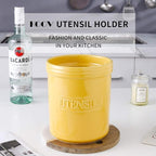 KOOV Cooking Utensil Holder, Large Ceramic Utensil Crock, Deep and Stable, Utensil Caddy for Countertop Letter Series (Yellow)