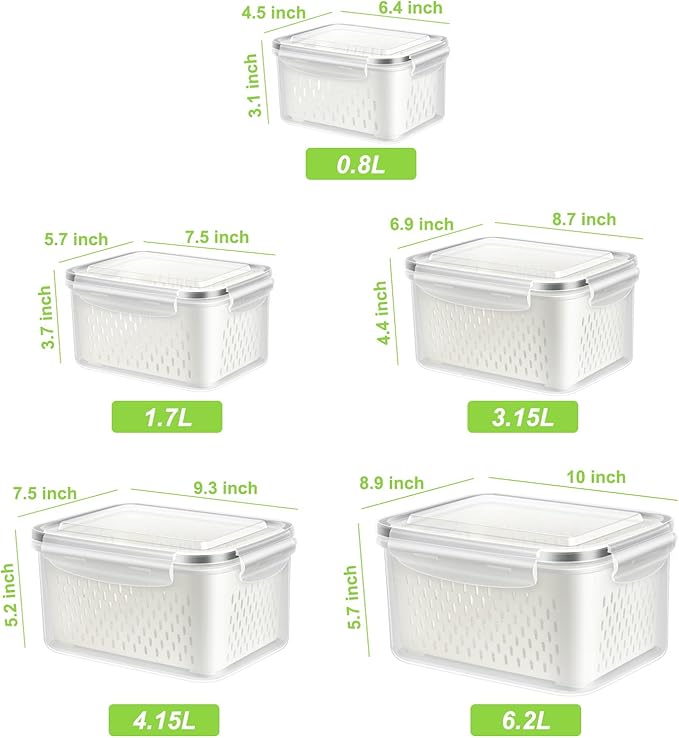 5 Pack Fruit Storage Containers for Fridge, Produce Saver Vegetable Container with Drain Colanders - Refrigerator Organizer for Lettuce Keepers Berry Container