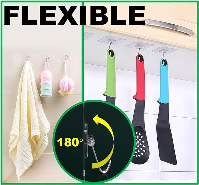 Adhesive Hooks, 20 Packs, 33lbs/15kg Premium Heavy Duty Wall Ceiling Hooks for Hanging, Damage Free, Clear Sticky Hanger for Kitchen, Bathroom Shower Outdoor Use.