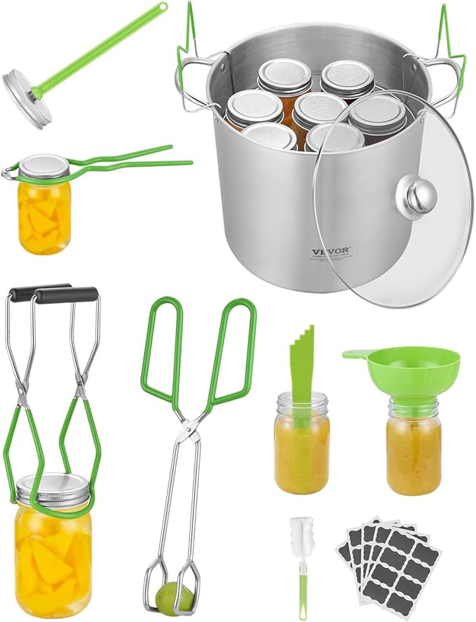 VEVOR Canning Supplies Starter Kit, 9 Pieces Stainless Steel Water Bath Canning Kit for Beginners, Canning Tools Set: Pot, Rack, Lid, Funnel, Tongs, Jar Lifter, Wrench, Magnetic Wand, Bubble Propper