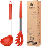 Silicone Pasta Fork and Ladle Spoon Set, Large Non Stick Kitchen Utensils for Cooking,Stirring,Serving Spaghetti, Soup, Sauce (RED)