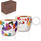 Ceramic Espresso Cups Set of 2 – Mini 3 oz Double Espresso Coffee Cups Small Espresso Shot Cups with Cute Q Handle, Gift for Coffee Lovers, Floral and fruit Patterns-White