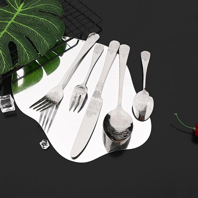 JASHII 20-piece Silverware Flatware Set Vintage Carved Floral Pattern Eating Utensils Stainless Steel Knife Fork Spoon Set Mirror Polished Dishwasher Safe - Silver