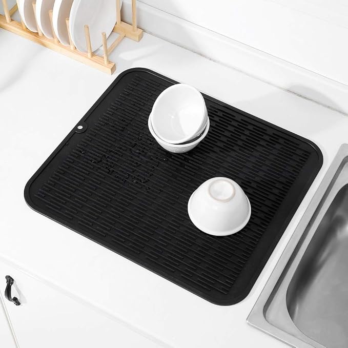 Silicone Dish Drying Mat for Multiple Usage,Easy clean,Eco-friendly,Heat-resistant Silicone Mat for Kitchen Counter or Sink,Refrigerator or Drawer Liner Black XL 18 inches x 16 inches