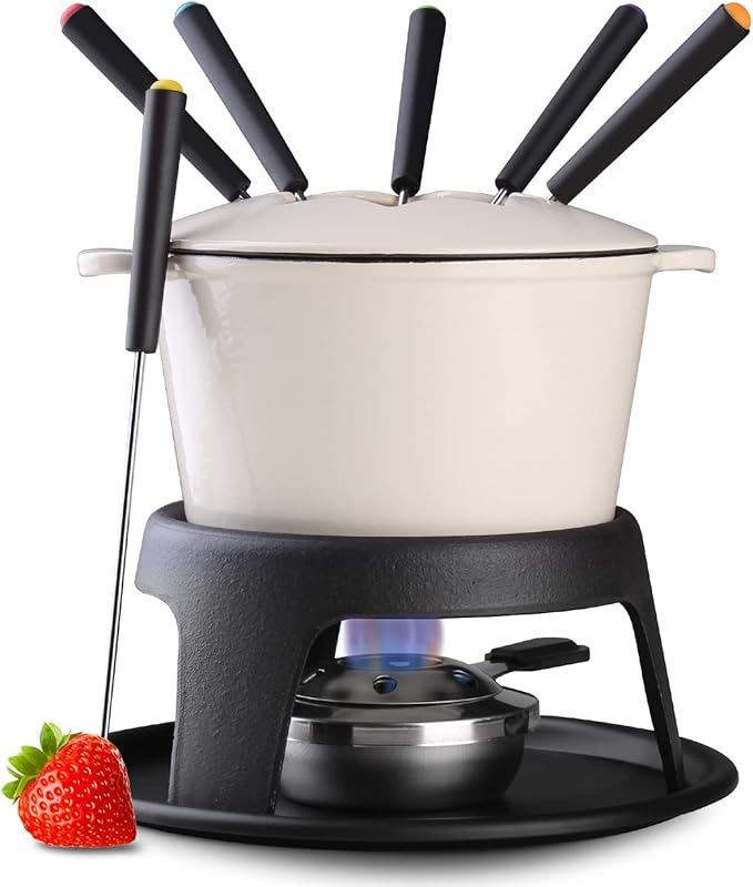 Artestia Cast Iron Fondue Pot Set for Chocolate Cheese Swiss Fondue Set for Meat with 6 Fondue Forks, Cheese Camping Fondue Set Serve 6 Persons(White)