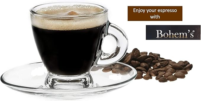 BOHEM'S Espresso Cups, 3.2 oz Small Demitasse Clear Glass Espresso Drinkware, Set Of Cups, Saucers and Stainless Steel mini Spoons + Free Glass Spoons (Set of 6)