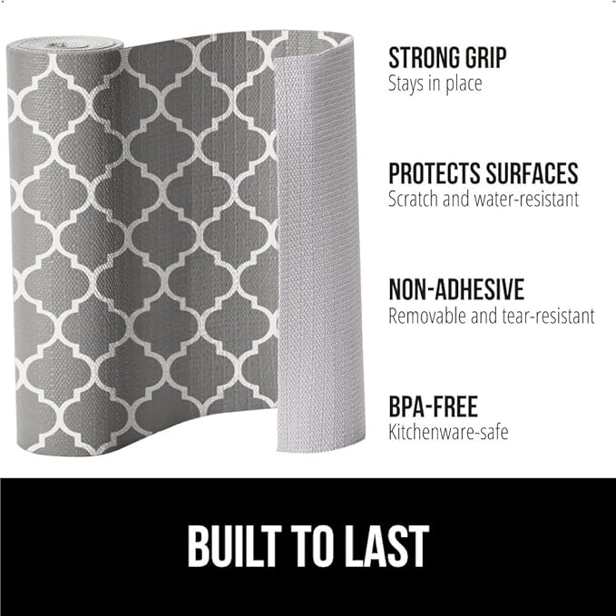 GORILLA GRIP Slip Resistant Drawer and Shelf Liner 2 Pack, Non Adhesive Water Resistant, Easy Clean and Trim, Smooth Surface Liners for Kitchen Cabinet Shelves Drawers Pantry 17.5IN x 20FT, White Gray