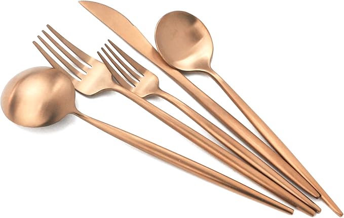 Gugrida Copper Gold Flatware, Royal 20 Pieces Luxury Matte Finish 18/10 Stainless Steel Tableware Sets for 4 Including Forks Spoons Knives, Camping Silverware Travel Utensils Set Cutlery (Rose Gold)