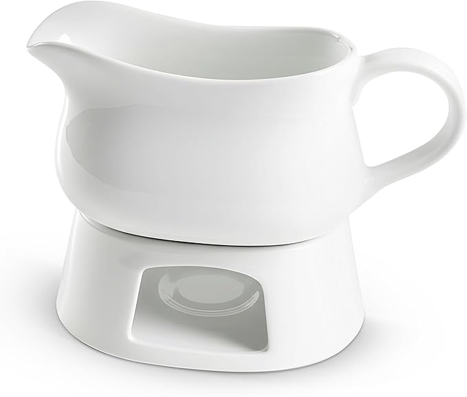 Kook Gravy Boat & Warmer, Ceramic Serving Dish, Dispenser with Warmer for Sauces, Dressings and Creamer, Large Handle, Microwave and Dishwasher Safe, 17oz, White