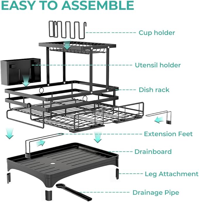 2 Tier Dish Drying Rack - Large Extendable Dish Rack, 2-in-1 Anti-Rust Stainless Steel Dishrack for Kitchen Counter and Sink, Dish Strainer with Utensil Holder & Cup Holder(Black)