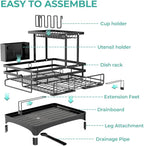 2 Tier Dish Drying Rack - Large Extendable Dish Rack, 2-in-1 Anti-Rust Stainless Steel Dishrack for Kitchen Counter and Sink, Dish Strainer with Utensil Holder & Cup Holder(Black)
