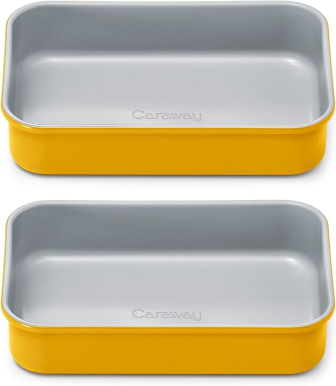 Caraway Nonstick 9” x 6.5” Small Rectangle Baking Pan Duo – Non-Toxic, PTFE & PFOA Free – Aluminized Steel Core – Deep Ceramic Baking Pan for Casseroles, Lasagna & More - Marigold