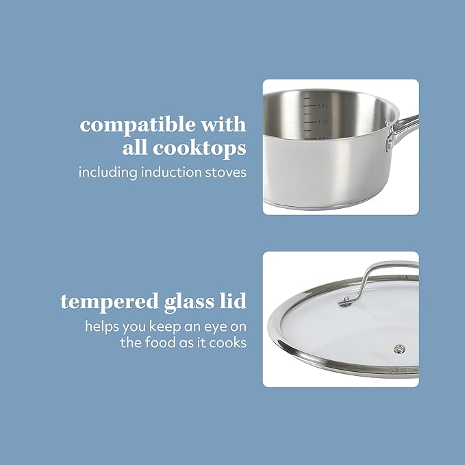 Sur La Table Kitchen Essentials Chef's Deck 10 Piece Stainless Steel Non Toxic Pots and Pans Kitchen Cookware Set w/Triply Encapsulated Base - Induction Safe