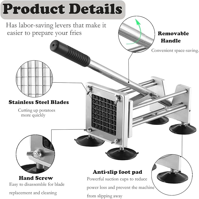 French Fry Cutter, Manual Potato Cutter with 1/2-inch and 3/8-inch blades for cutting potatoes and vegetables