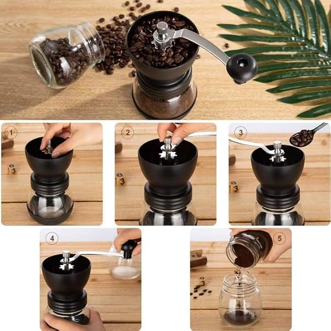 Manual Coffee Grinder, Hand-cranked Coffee Machine with Glass Body, Black
