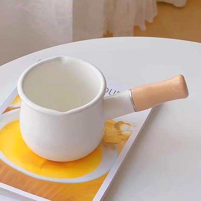 Enamel Milk Pot 17oz Butter Warmer Small Sauce Pan with Spouts Butter Melting Pot, Wooden Handle, White