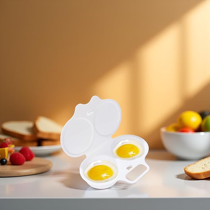 White Egg Poacher, Microwave Boiler Poacher, Poacher, 2 Cavity Nonstick Poached Egg Maker With Lid, Egg Poacher Microwave Egg Cooker, Double Drain Poached Egg Cups, (5 * 1.9in)
