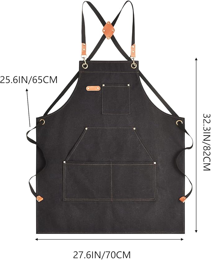 Canvas Aprons for Men Chef Apron, Work Apron with Large Pockets - 16oz Heavy Duty Cross Back, BBQ, Cooking