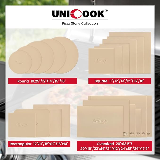 Unicook 2 PCS Pizza Stones Set, 12 Inch Square Pizza Stone for Oven and Grill, Cordierite Baking Pan for Crispy Crusts, Thermal Shock Resistant, Including Dough Scraper