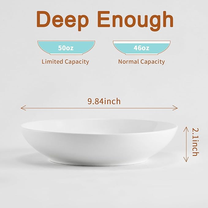 Jassceram Pasta Bowls Set of 4, 9.84 Inch 50oz Large Ceramic Salad Soup Bowls - Porcelain Serving Bowls for Kitchen & Restaurant, Microwave & Dishwasher Safe, White