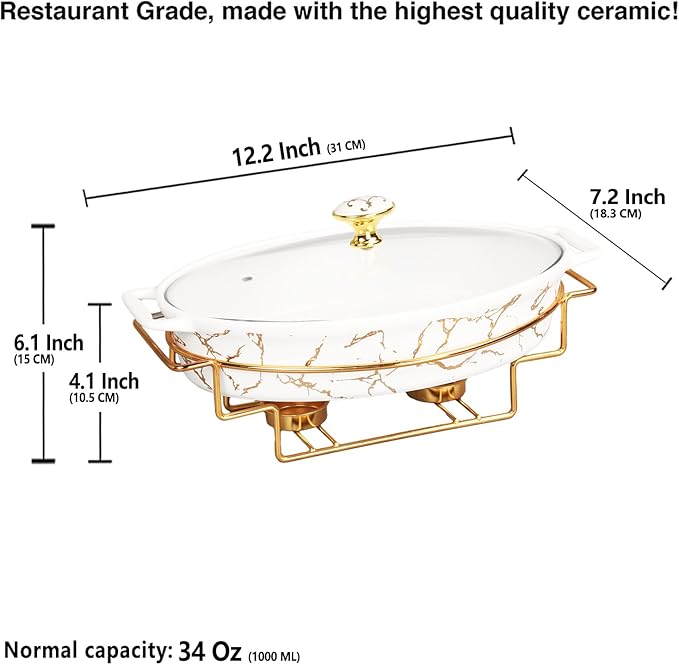 10" x 6" Ceramic Casserole Baking Dish With Glass cover and golden rack, Lasagna Pan Deep for Oven, 34 ounce Baking Pan with Handles, Oven Safe & Durable Bakeware for Home Decor