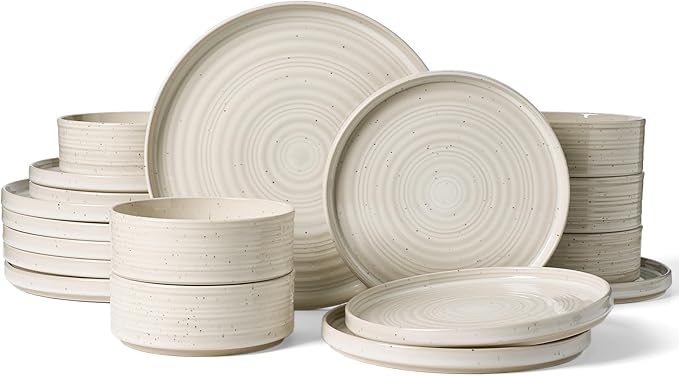 Plates and Bowls Sets for 6, Famiware Premium 18-Piece Stoneware Dinnerware Set, Spiral Dish Set with Straight Rim, Speckles & Reactive Glaze - Microwave & Dishwasher Safe Tableware, Shell Beige