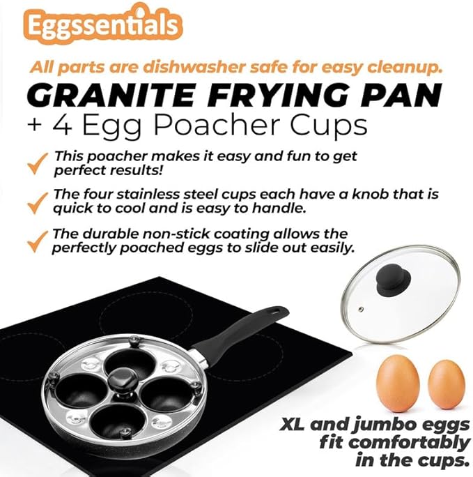 Eggssentials 2 IN 1 Egg Pan & Egg Poacher Pan, Granite Nonstick Fry Pan Poached Egg Maker and Frying Skillet with Lid, Poached Eggs Cooker Food Grade Safe PFOA Free with Spatula, Egg Cookware - 4 Cups