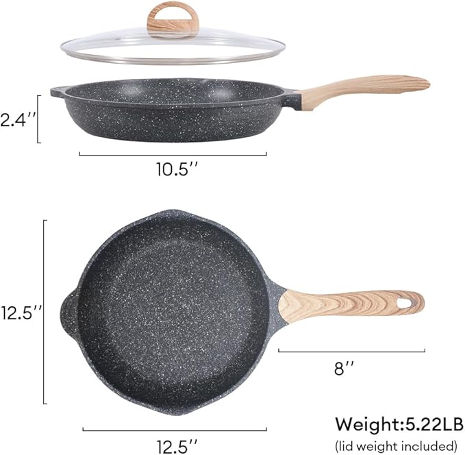 JEETEE Nonstick Frying Pans Skillet with Lid, 12.5" Granite Non-Stick Frying pan, Aluminum Pans with Bakelite Handle, Compatible with All Stovetops (Gas, Electric & Induction), Grey