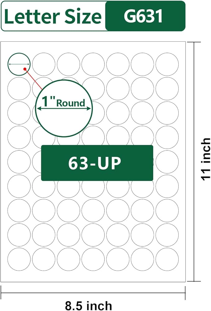 1 inch Round Labels Printable,Matte White Custom Sticker Labels for Printer,1" Small Circle Sticker Paper for Jars,1" Blank Round Stickers,25 Sheets,1575 Circle Stickers in Total
