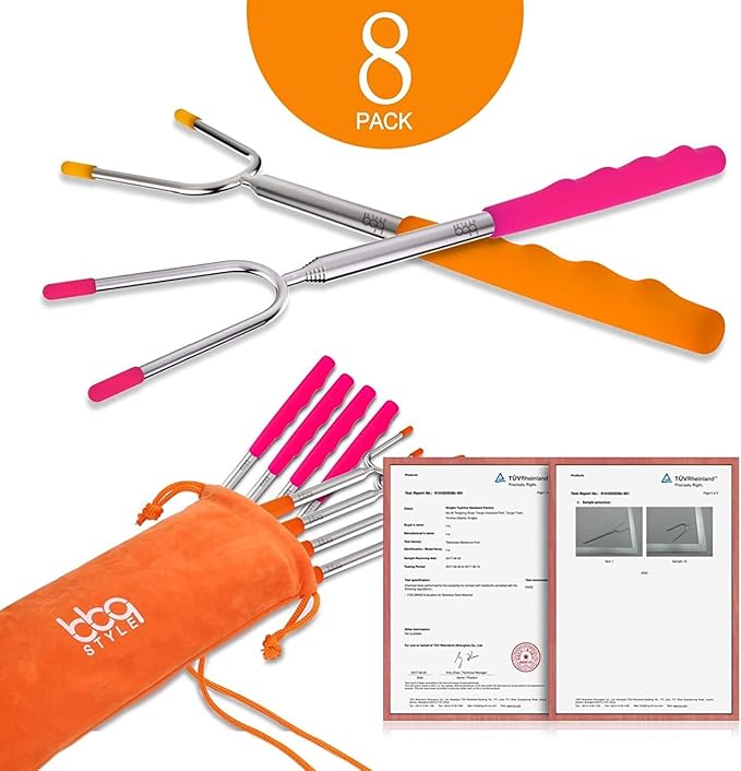bbqstyle Marshmallow Roasting Sticks, Set of 8 Pack Premium 45'' Extendable Rotating Telescoping Forks for Hot Dog & Smores, Special Safe and Healthy Cookware for Campfire, Camping & Bonfire
