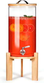 Glass Beverage Dispenser with Bamboo Stand 6.7 In and Lid, Iced 2.9 Gallon Drink Server with Spigot, Large Thick Glass Drink Dispenser for Parties, Hotels, Restaurants, Homes