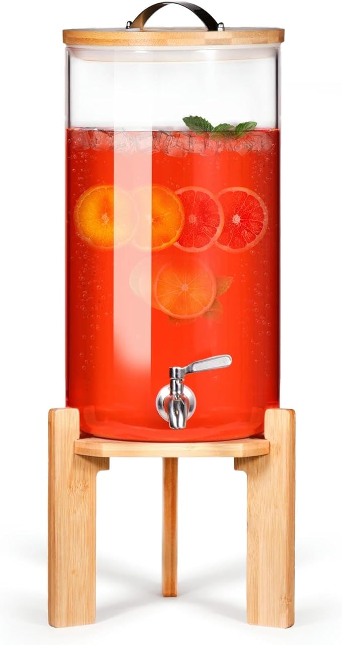 Glass Beverage Dispenser with Bamboo Stand 6.7 In and Lid, Iced 2.9 Gallon Drink Server with Spigot, Large Thick Glass Drink Dispenser for Parties, Hotels, Restaurants, Homes