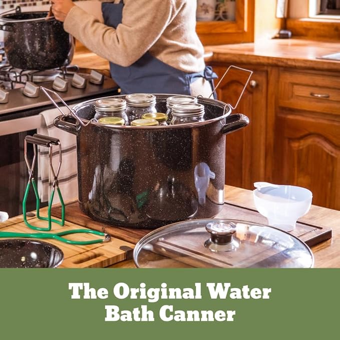Granite Ware 21.5 Qt Heavy Gauge - 9 Piece water bath canning pot (Speckled Black) with canning toolset, rack and preserving kettle.