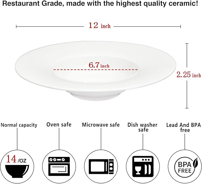 Ceramic Wide Rimmed Soup Plate, Soup Bowl 14 oz, Pasta Bowl Set of 4, White Shallow Bowl Plate with Rim, Best choice for high-end restaurants, hotels, and foodies, 12 Inch