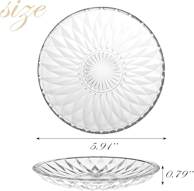 WHJY 6 Inch Clear Glass Plates 4 Pack Vintage Dinnerware Set Transparent Diamond Textured Dinner Plates for Home Party Wedding Crystal Glass Dishes for Fruit Salad Appetizer Dessert