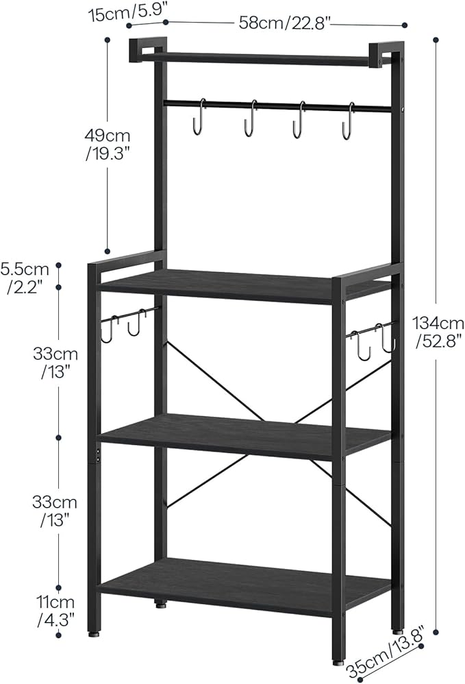 HOOBRO Kitchen Bakers Rack with Storage, 4 Tiers Coffee Bar Station, Microwave Stand with 8 S-Shaped Hooks, Kitchen Storage Shelf Rack for Small Spaces, Black BB04HB01