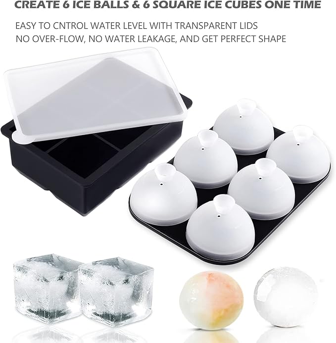 Whiskey Cocktail Ice Mold, Easy Fill and Release Silicone Round Ice Ball Maker Mold Large Square Ice Cube Tray with Lid - 6 Ice Balls + 6 Ice Cubes Black