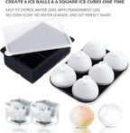 Whiskey Cocktail Ice Mold, Easy Fill and Release Silicone Round Ice Ball Maker Mold Large Square Ice Cube Tray with Lid - 6 Ice Balls + 6 Ice Cubes Black