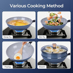 Non-Stick Wok with Steamer Basket,12 Inches Stir Fry Pans with Lid, Flat Bottom Pan Multifunctional Cookware Chinese Woks for Induction, Gas, Halogen(Blue)