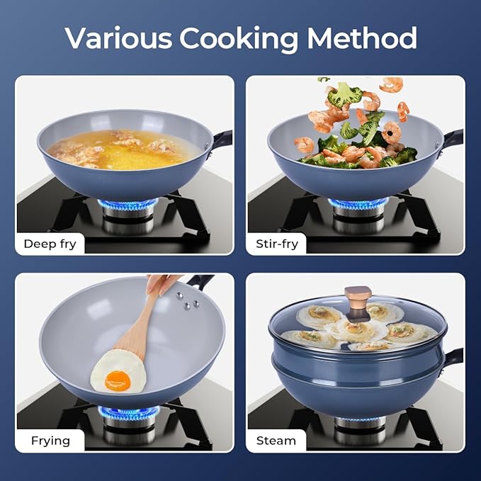 Non-Stick Wok with Steamer Basket,12 Inches Stir Fry Pans with Lid, Flat Bottom Pan Multifunctional Cookware Chinese Woks for Induction, Gas, Halogen(Blue)